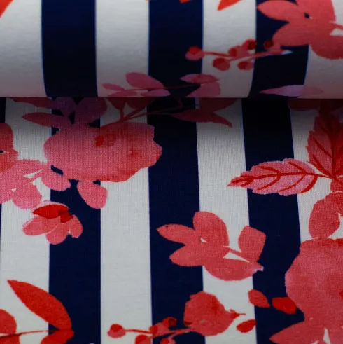 Tricot gestreept met roze bloemetjes